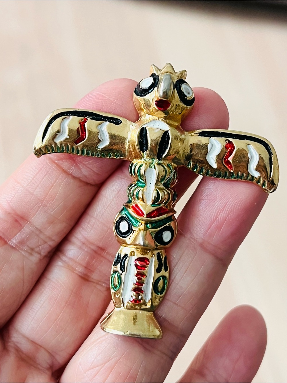 Vintage Gold Tone Totem Pole Pendant - Detailed Enamel Articulated Charm